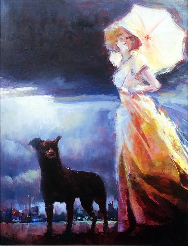 STOJAN - LADY WITH PARASOL - Oil on Canvas - 26 x 34