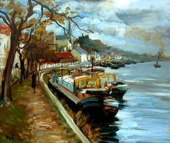 DYF - BOATS ON THE SEINE - Oil on Canvas - 22 x 26