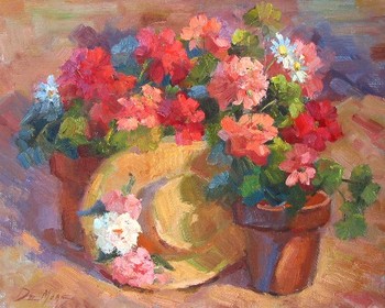 DeMORE - FLOWER POT AND HAT - Oil on Canvas - 16 x 20
