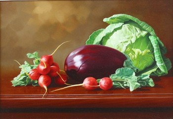 R. GONZALEZ - VEGETABLE DISPLAY - Oil on Canvas - 12 x 16