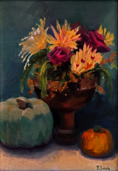  Title: Floral with Pumpkins , Size: 16 x 12 , Medium: Oil on Panel