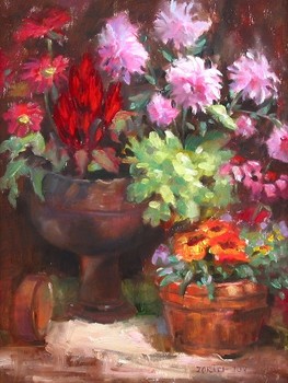 JOY - POTTED FLOWERS - Oil on Canvas - 16 x 12