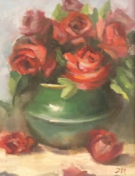 JOY - Red Roses with Green Vase - Oil on Panel - 11 x 9