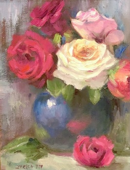  Title: Roses with Blue Vase , Size: 12 x 9 , Medium: Oil on Panel