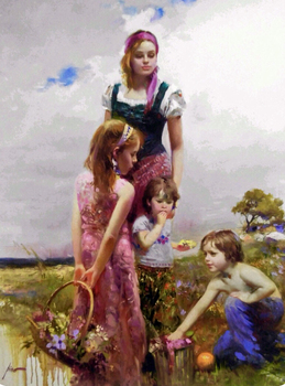 PINO - Lady with Children on the Beach - Oil on Canvas - 50 x 40